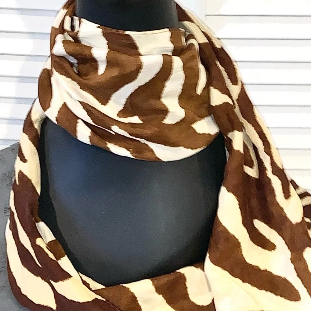 Vintage Brown Zebra print 100% Silk Scarf 14”X 61” Large